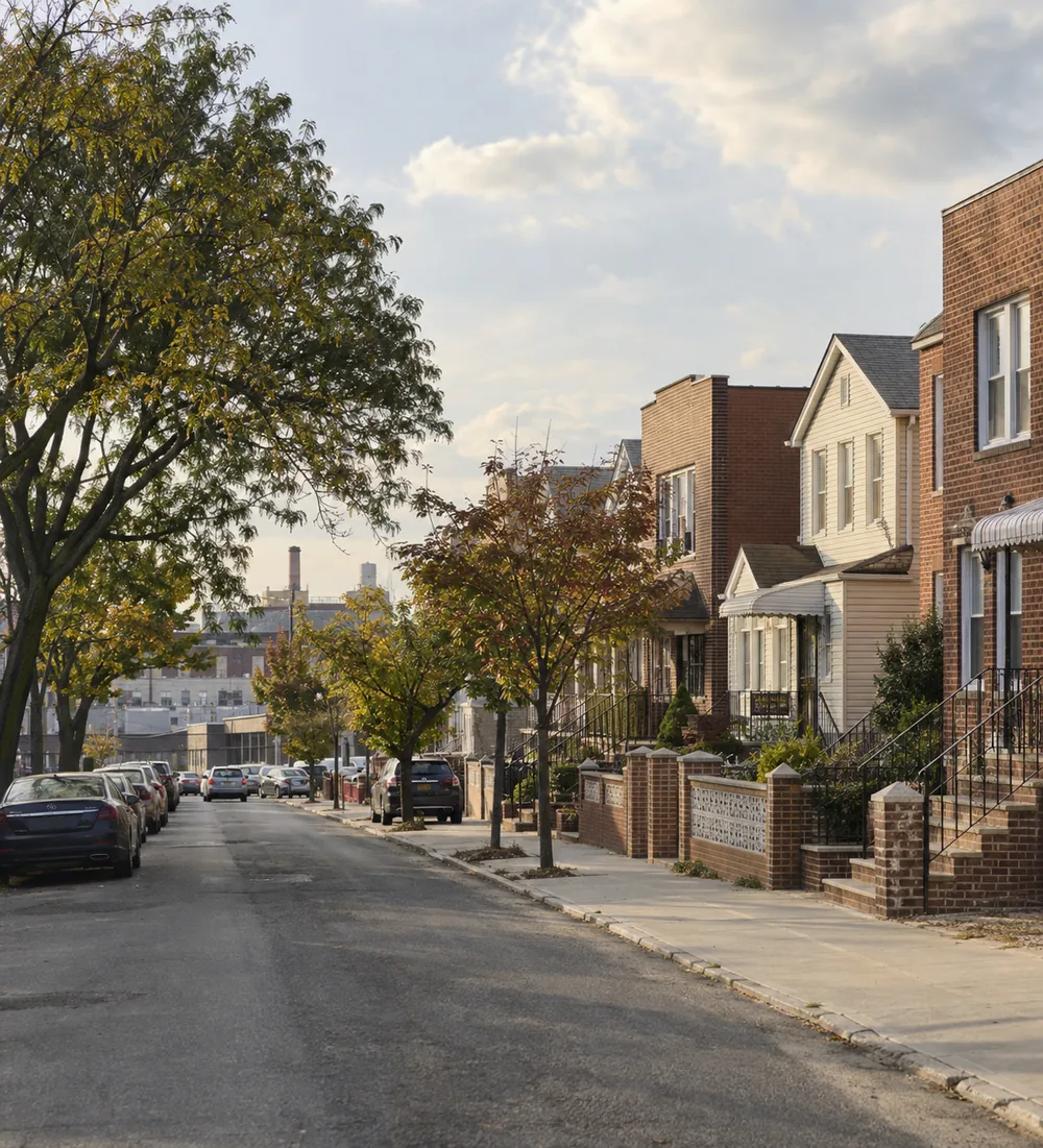 Illustrative residential street with brick homes and trees.